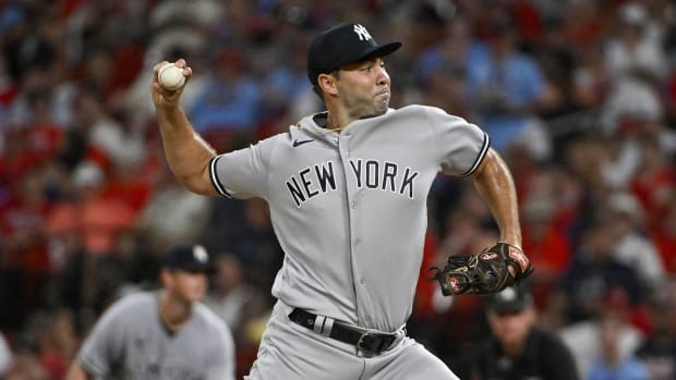Yankees reliever Lou Trivino throws a pitch vs. the St. Louis Cardinals in a game.